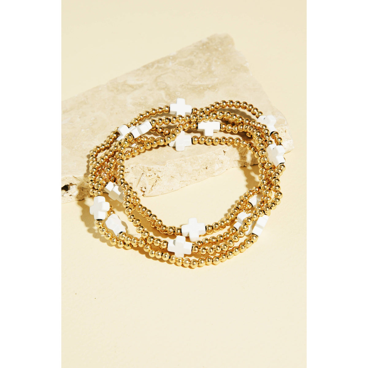Cross And Metallic Beads Layered Bracelet: WHT