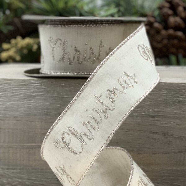 Merry Christmas Cotton Linen Ribbon – Natural Ivory (1.5" x 10 Yds)