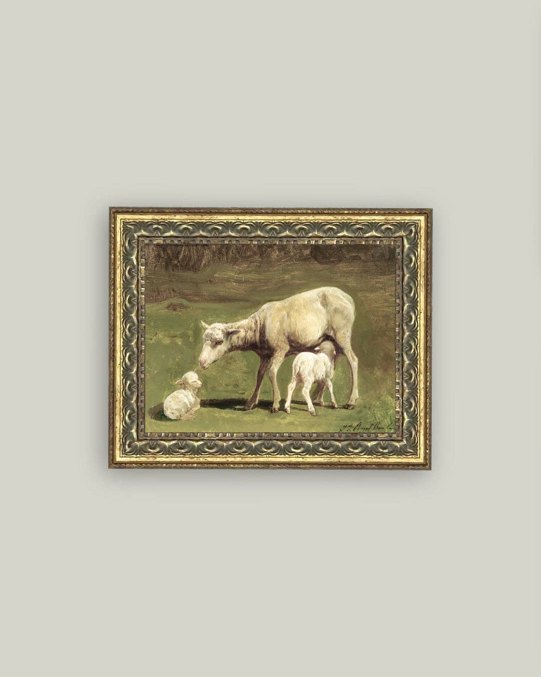 Ewe and Two Lambs Framed Antique Art: 10x8