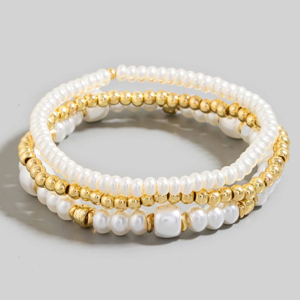 Mixed Pearl And Metallic Beaded Bracelet Set: WT