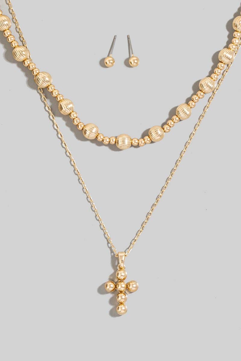 Metallic Beaded Cross Layered Necklace Set