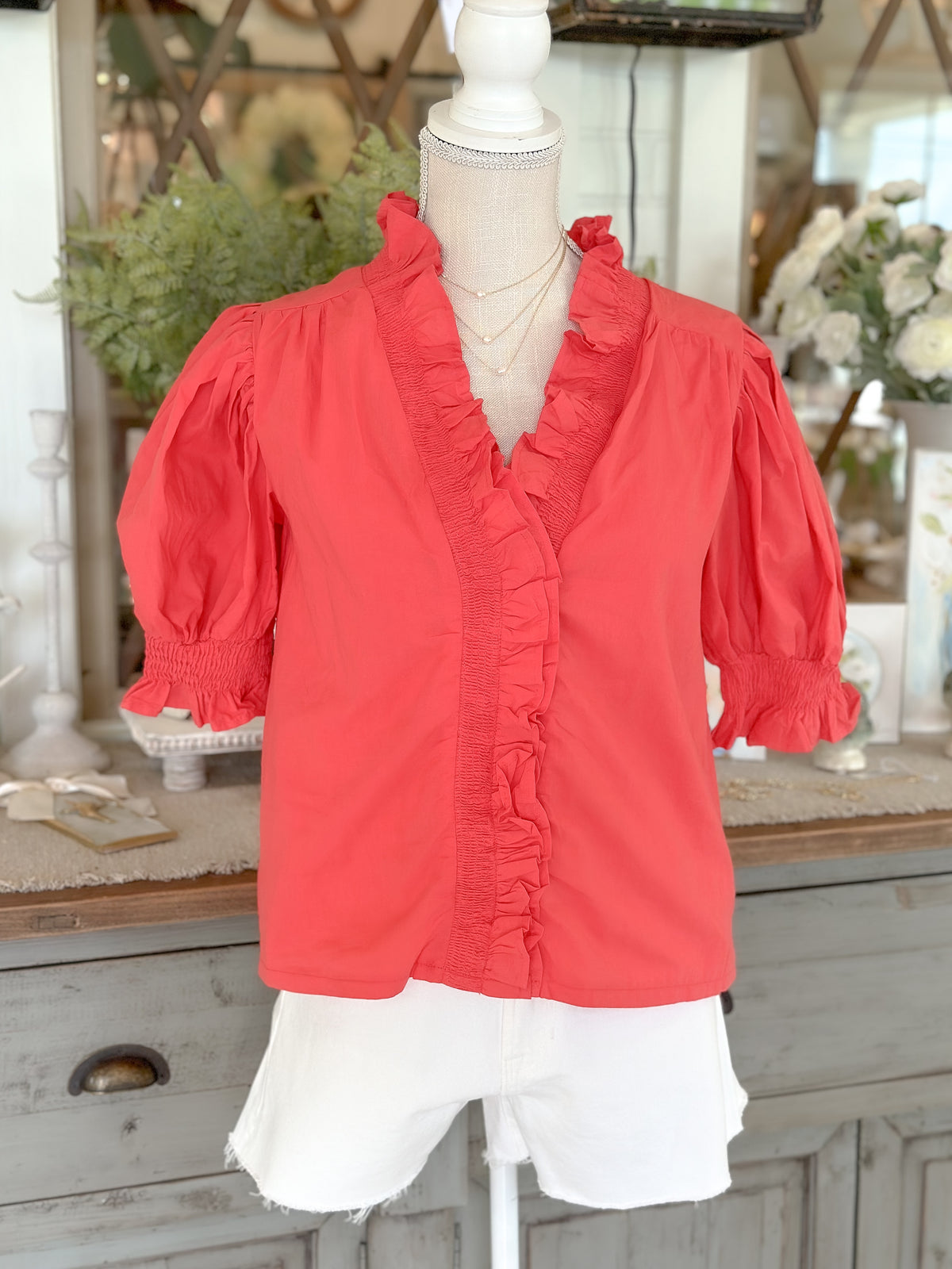 Smocked Ruffle Trim Puff Sleeve Top-Coral Red