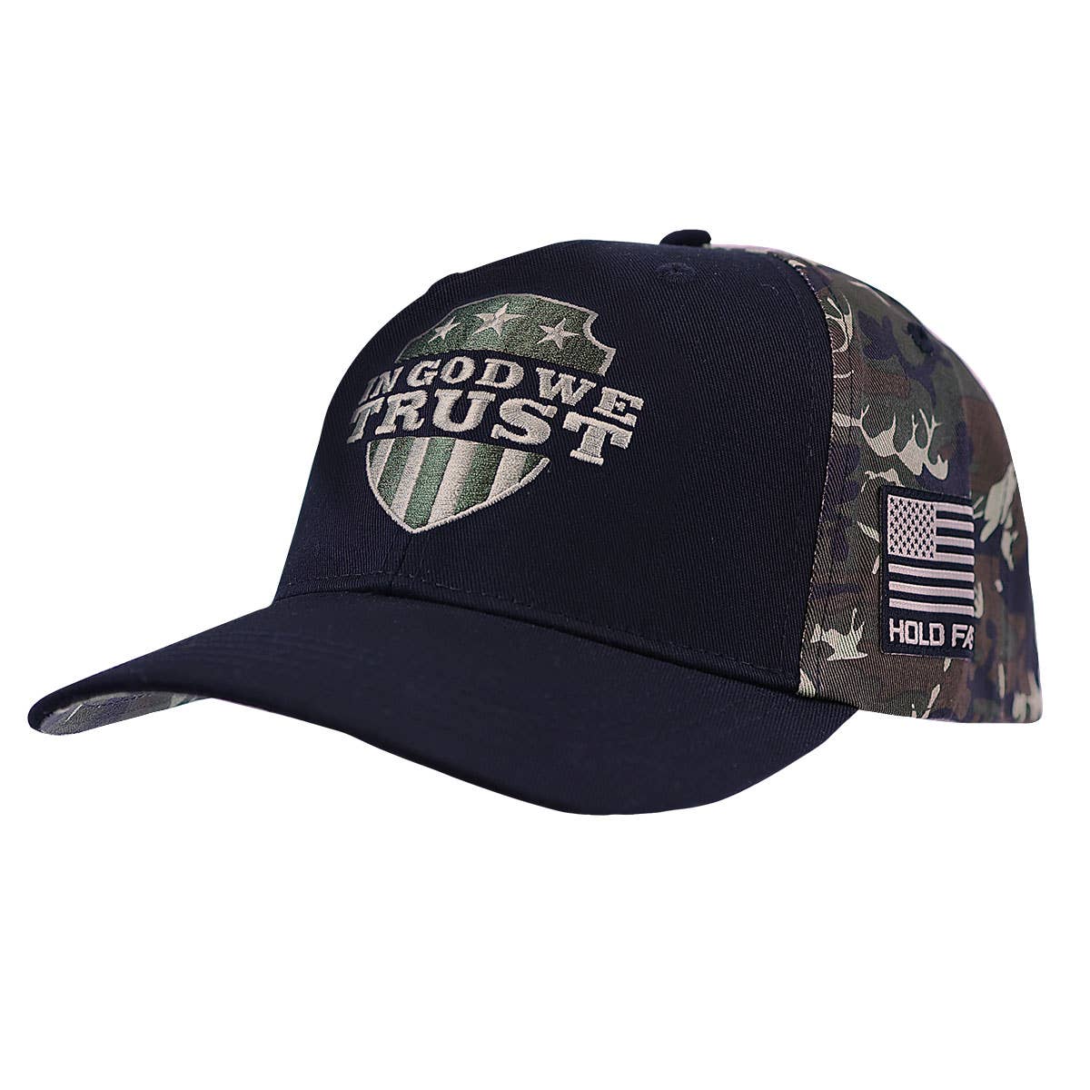 HOLD FAST Mens Cap In God We Trust: Black/Camo, One Size Fits Most