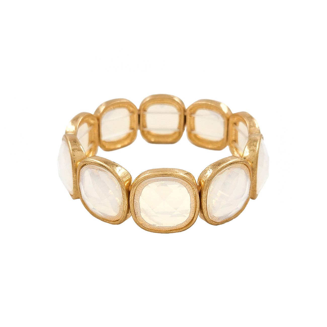 White Opal Square Stone and Gold Stretch Bracelet