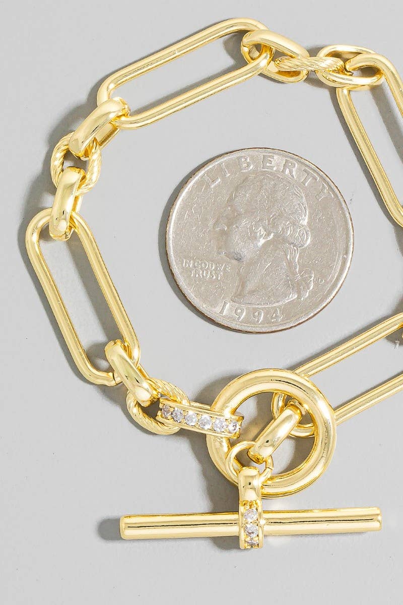 Gold Dipped Oval Chain Cz Pave Toggle Chain Bracelet: GOLD