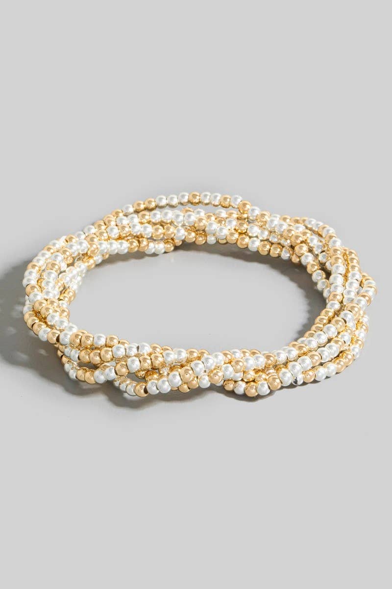 5Pc Mini Metallic Beaded Bracelet Set Gold