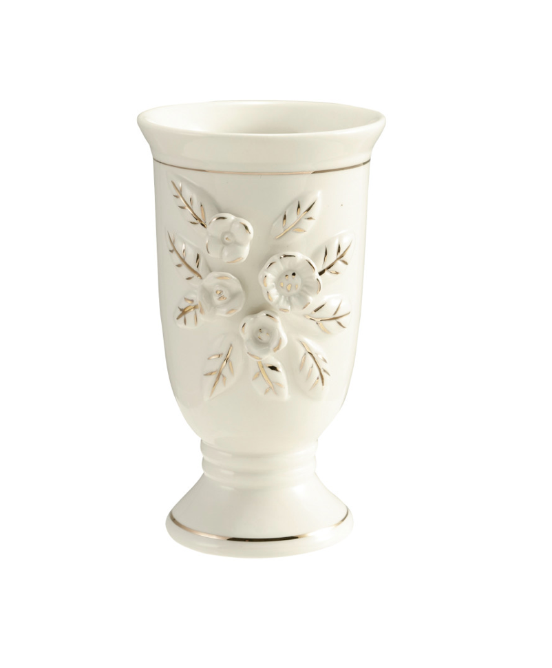 Stoneware Vintage Reproduction Footed Vase with 3D Flowers & Gold Electroplating, White