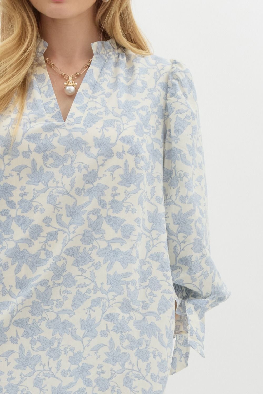 Light Blue Floral Puff Sleeve Mini Dress