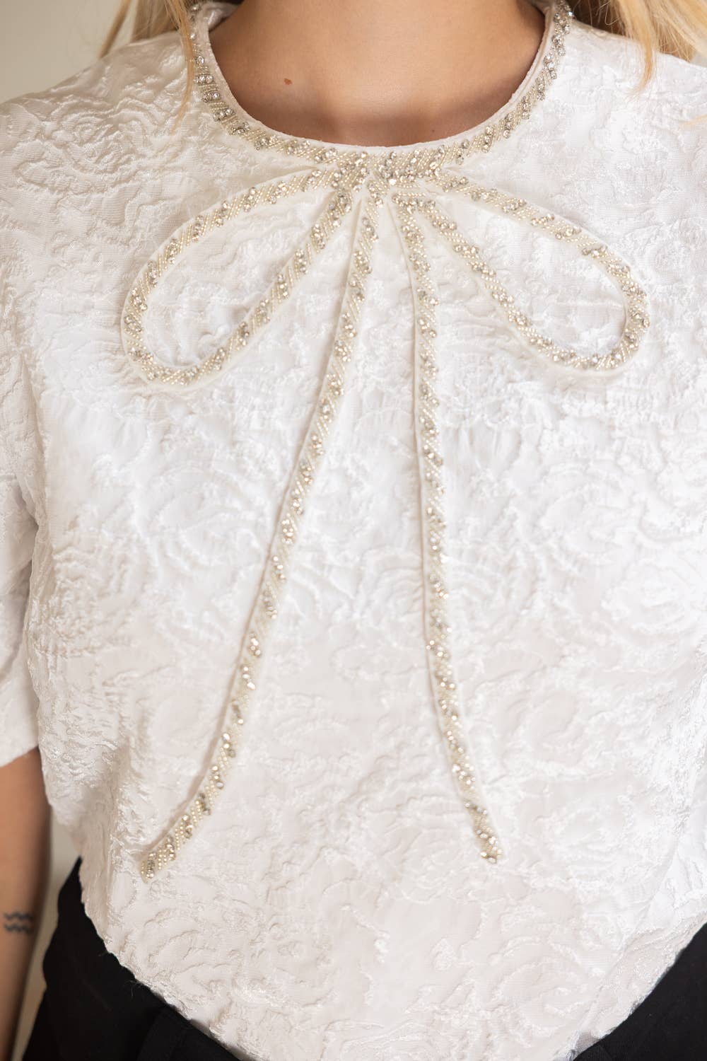 Rhinestone Bow Shape Floral Jacquard Top
