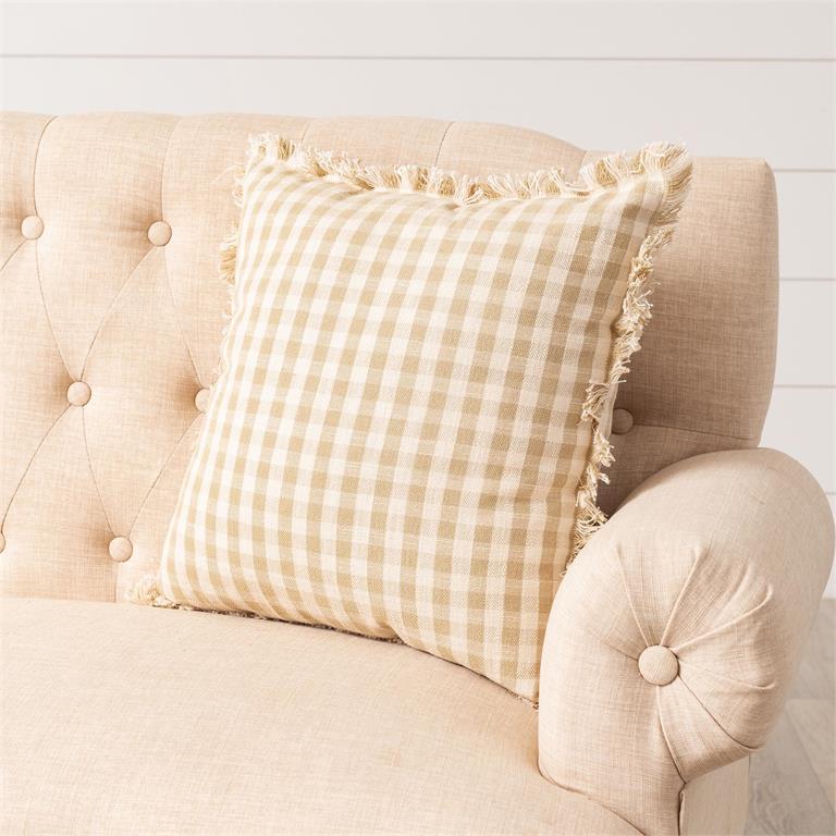 Cream & Tan Harvest Checkered Fringe Pillow