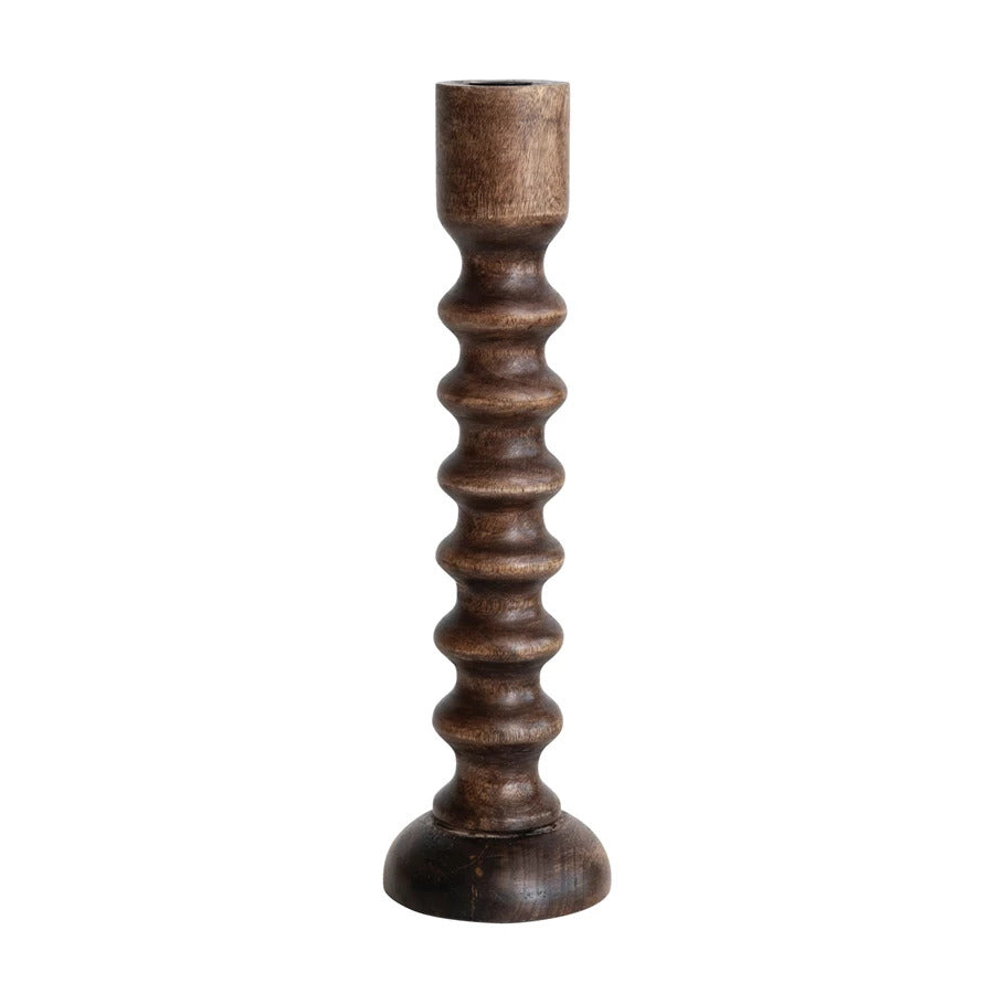Hand Carved Mango Wood Taper Holder, Walnut Finish-MEDIUM