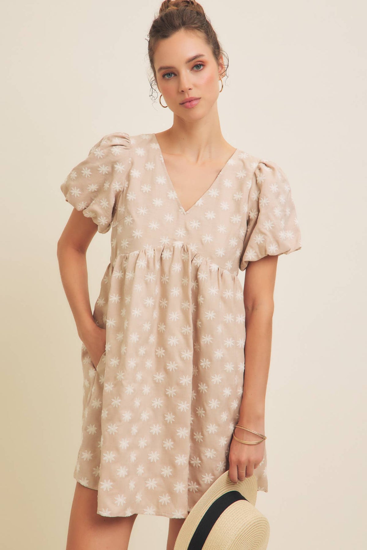 Embroidered Sand Dress with Puff Sleeves