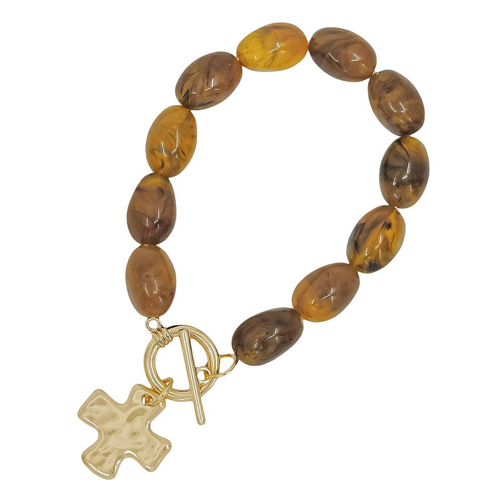 Tortoise Oval Resin Beaded Stretch Bracelet with Hammered Gold Cross Charm