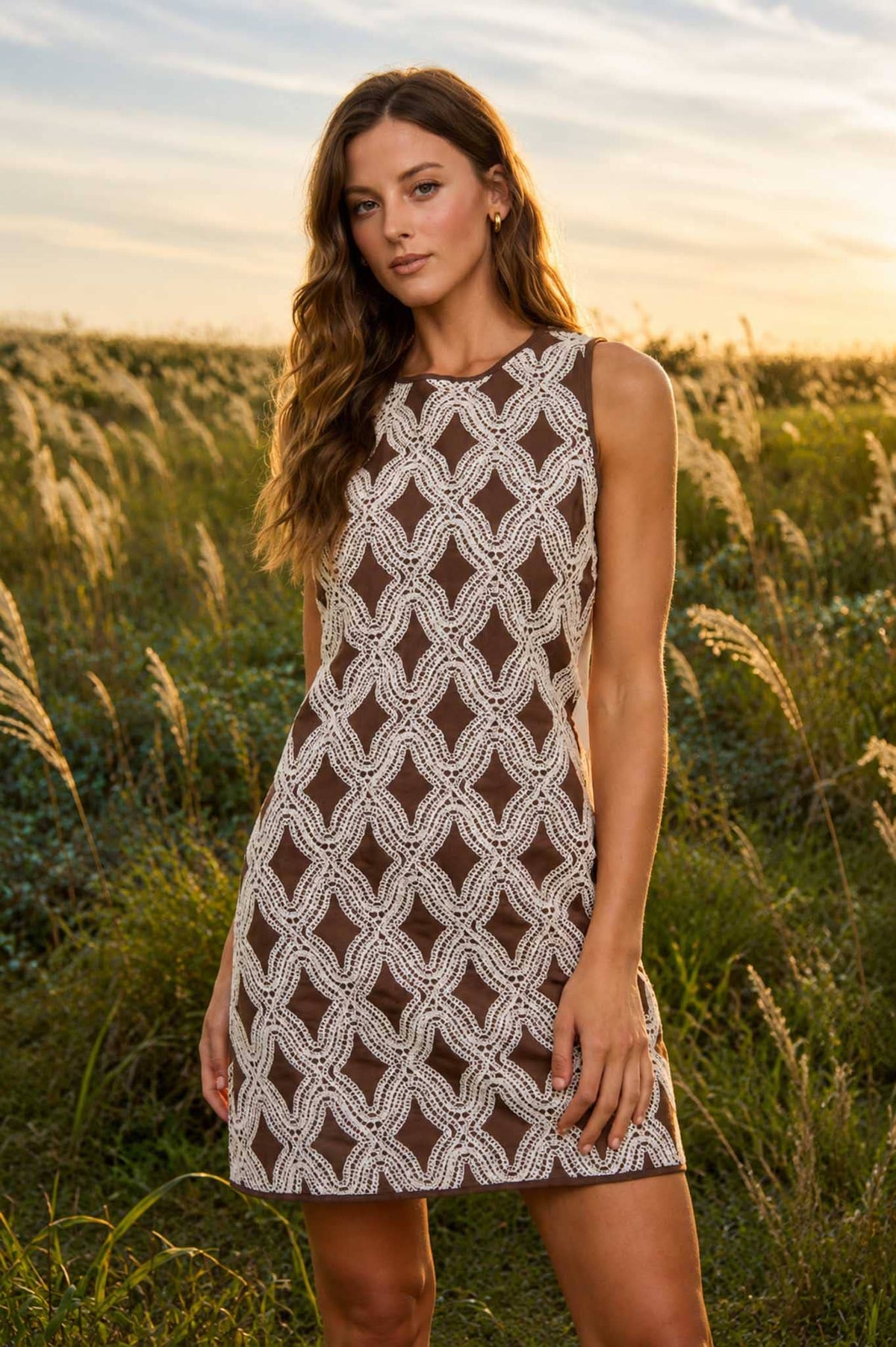 TEXTURED GEOMETRIC SLEEVELESS MINI DRESS: CHOCOLATE BROWN