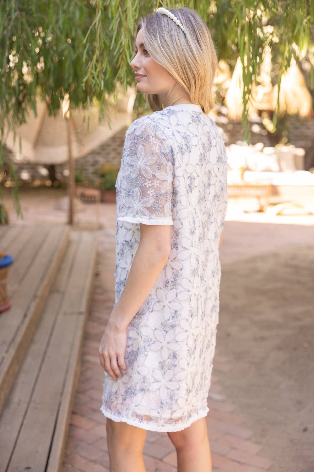 Fringed Floral Textured Mesh Shift Dress: Ivory