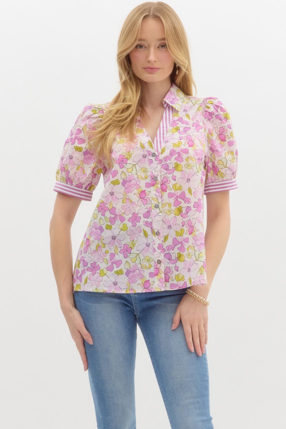 Lavender Floral collared V neck short sleeve