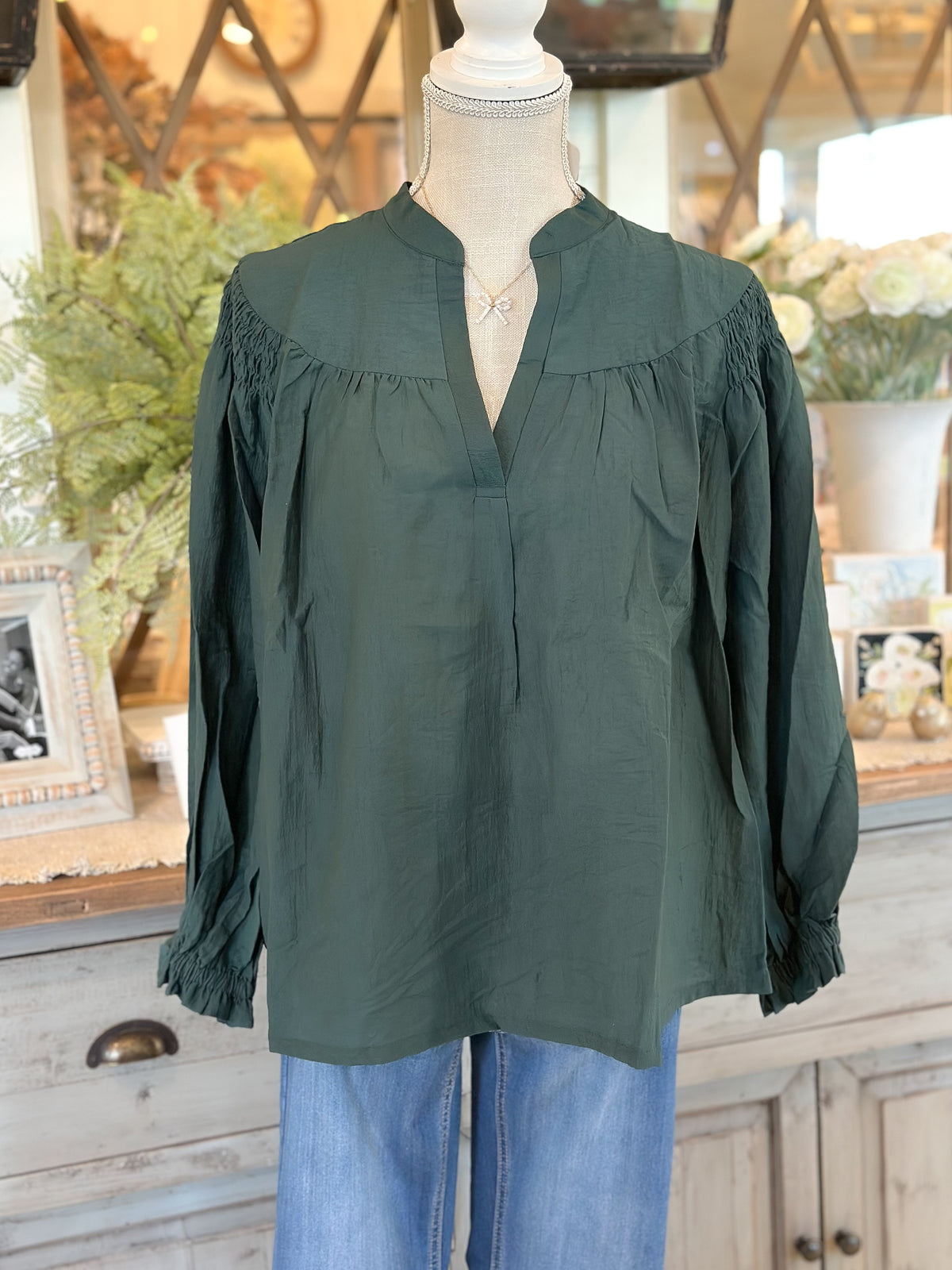 Crinkle Notched Neck Long Sleeve Top - Hunter Green