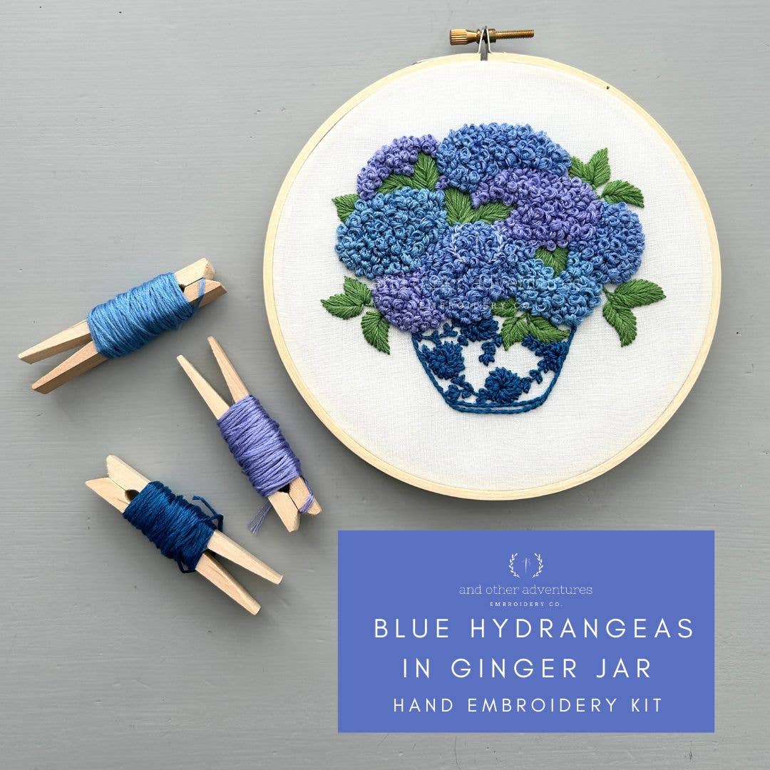Hand Embroidery Kit - Blue Hydrangeas in Ginger Jar