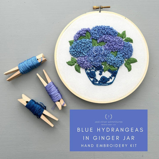 Hand Embroidery Kit - Blue Hydrangeas in Ginger Jar