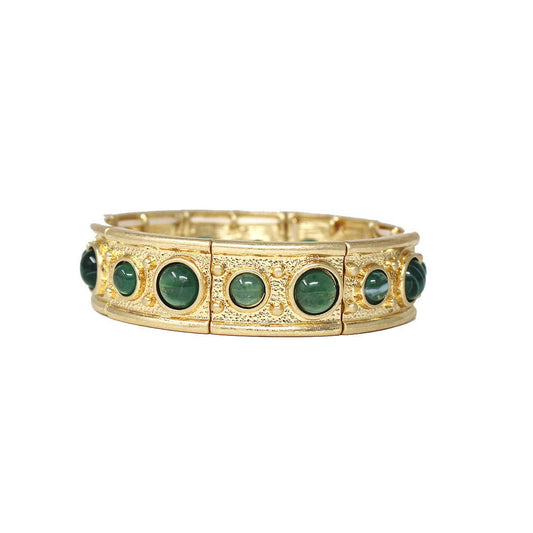 Matte Gold and Green Circle Stone Accents Stretch Bracelets