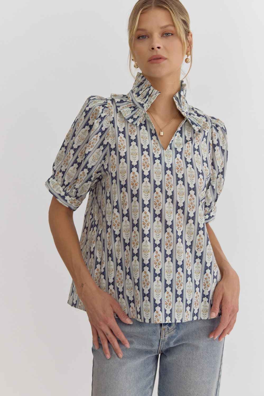 Printed Navy V-Neck Puff Sleeve Top