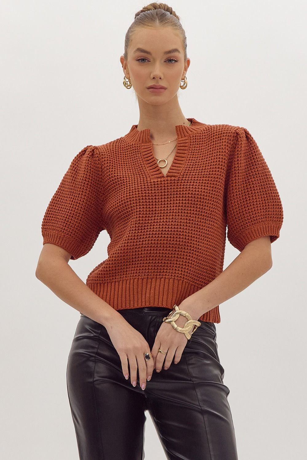 Solid V-Neck Rust Short Sleeve Textured Sweater