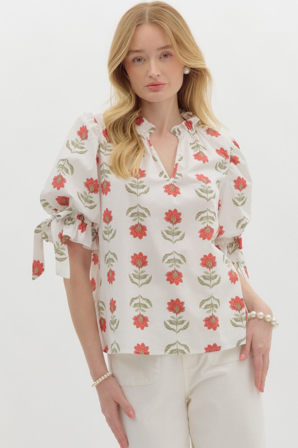 White with Red Flower Floral Ruffle neck Top