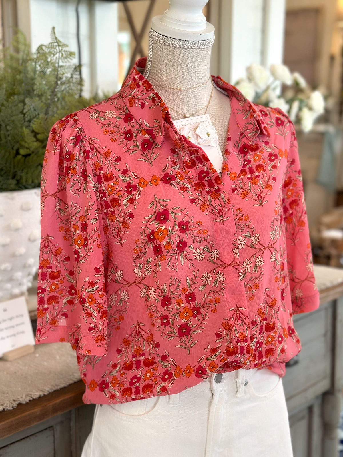 Rose Red Floral Wide Short Sleeve Top