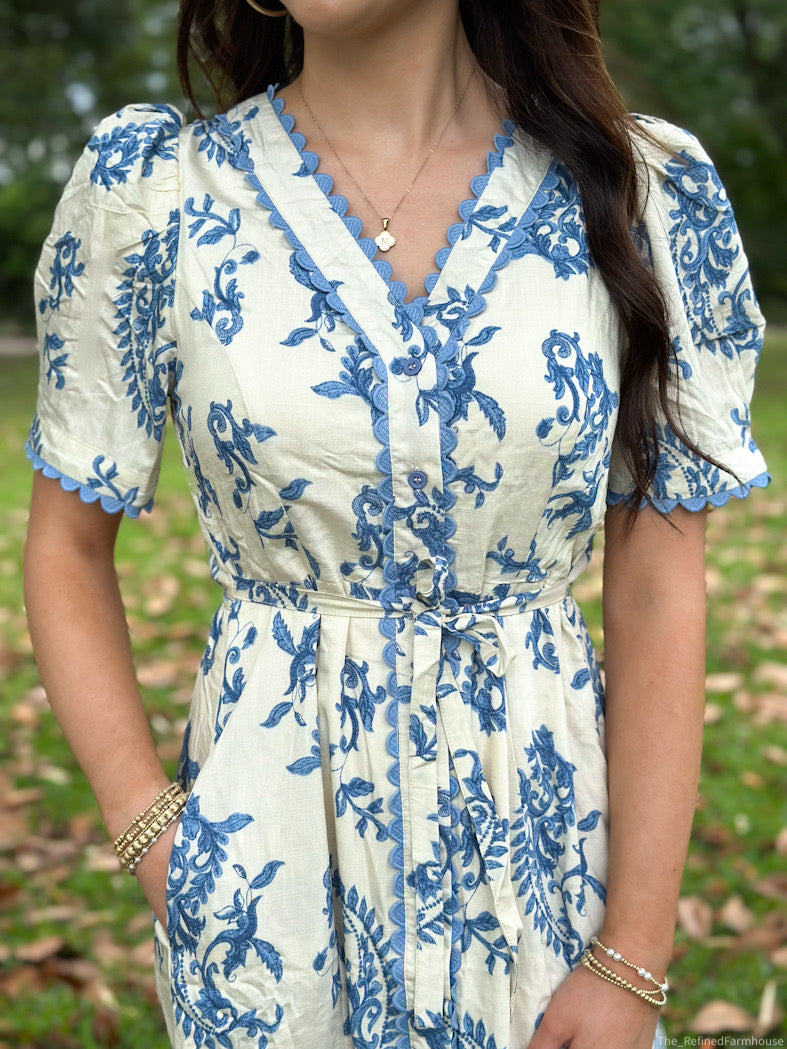 Paisley Pleated Scallop Midi Dress