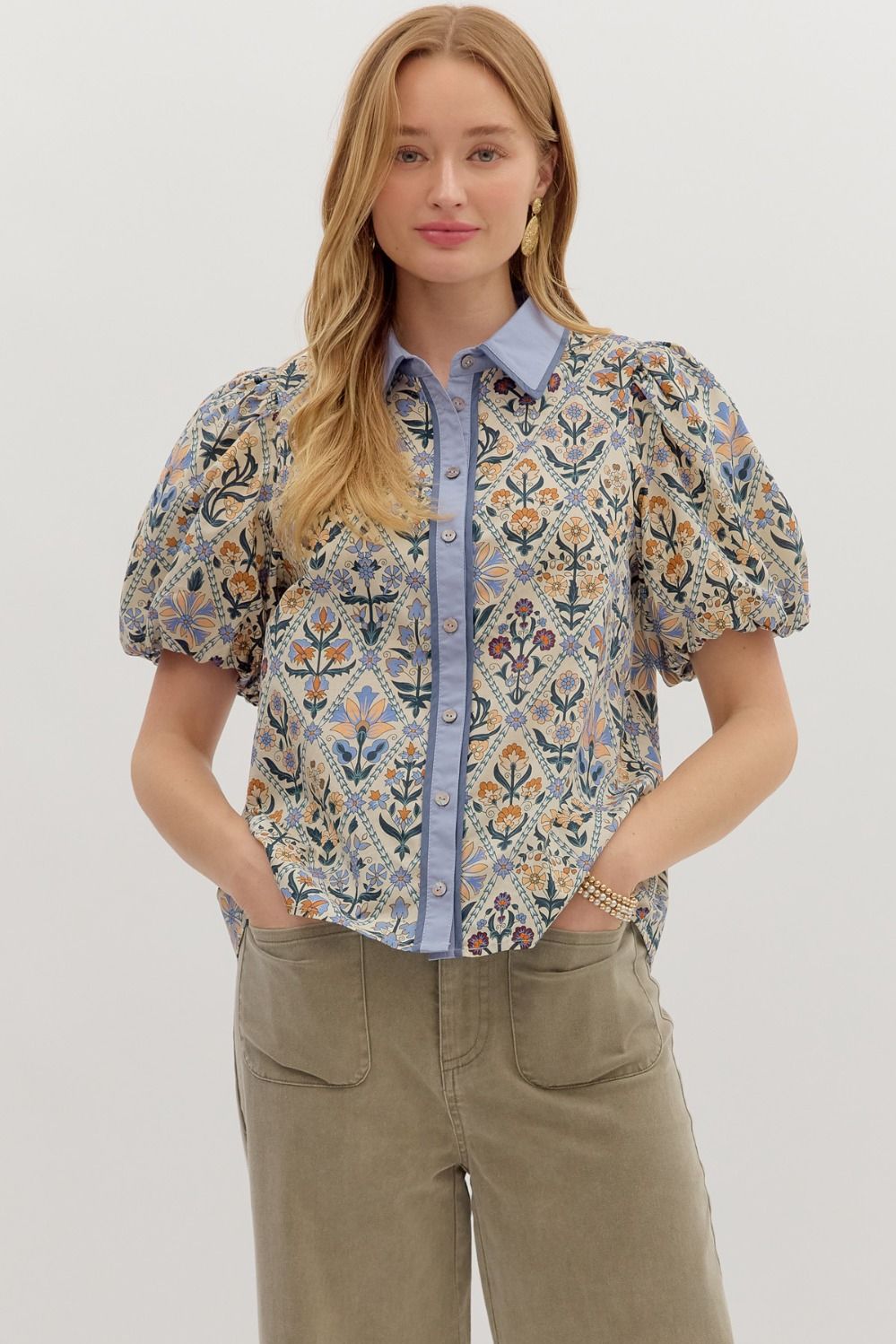 Garden Trellis Puff Sleeve Blouse