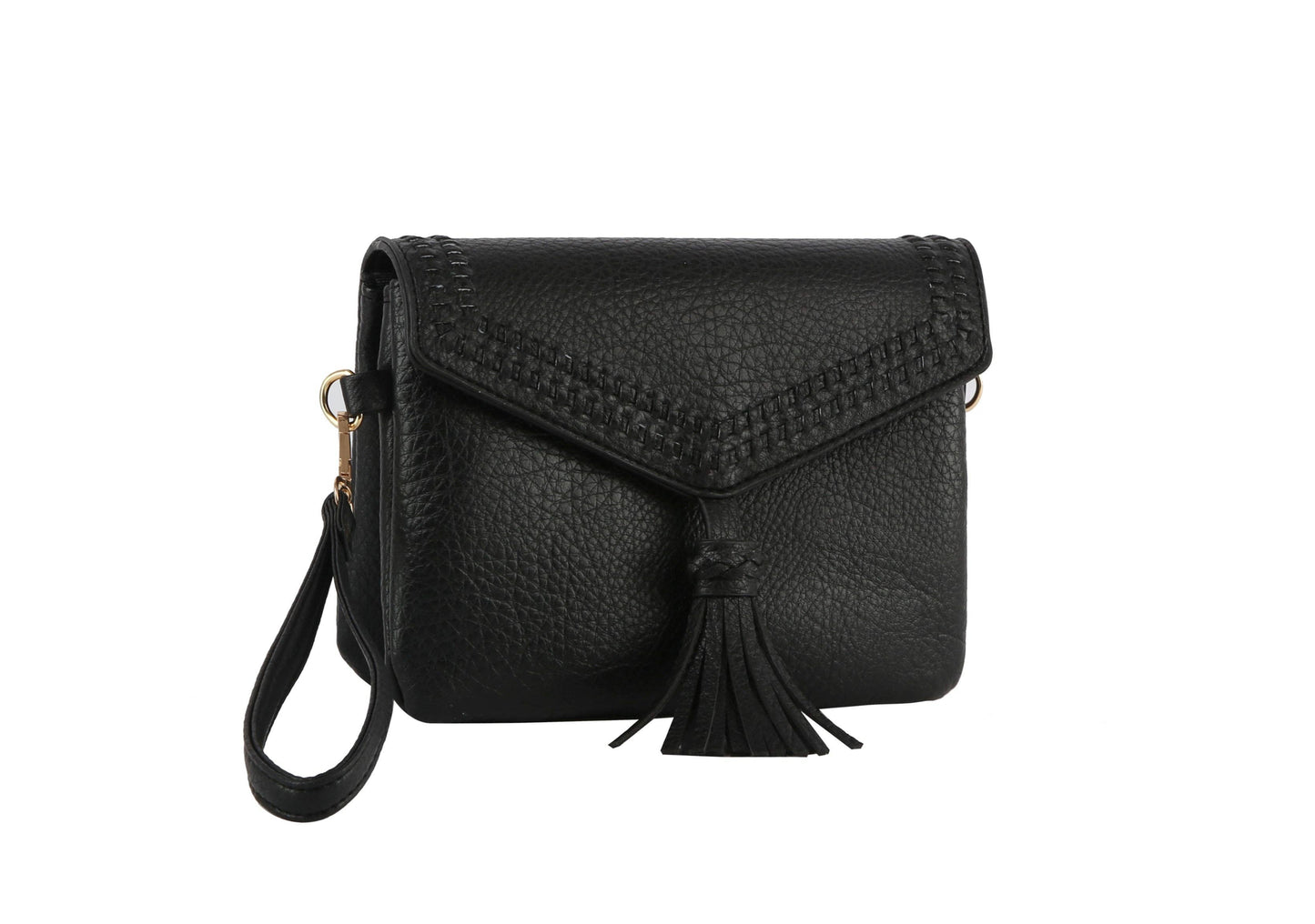 Whipstitching detail tassel front flap crossbody: BLACK