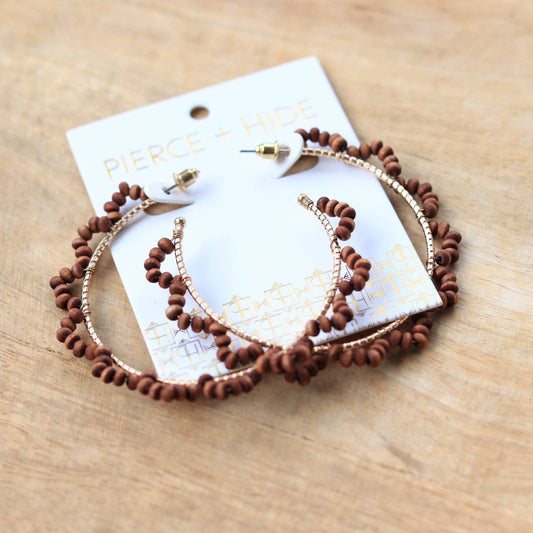 Brown Wood Beaded Wrapped Hoops