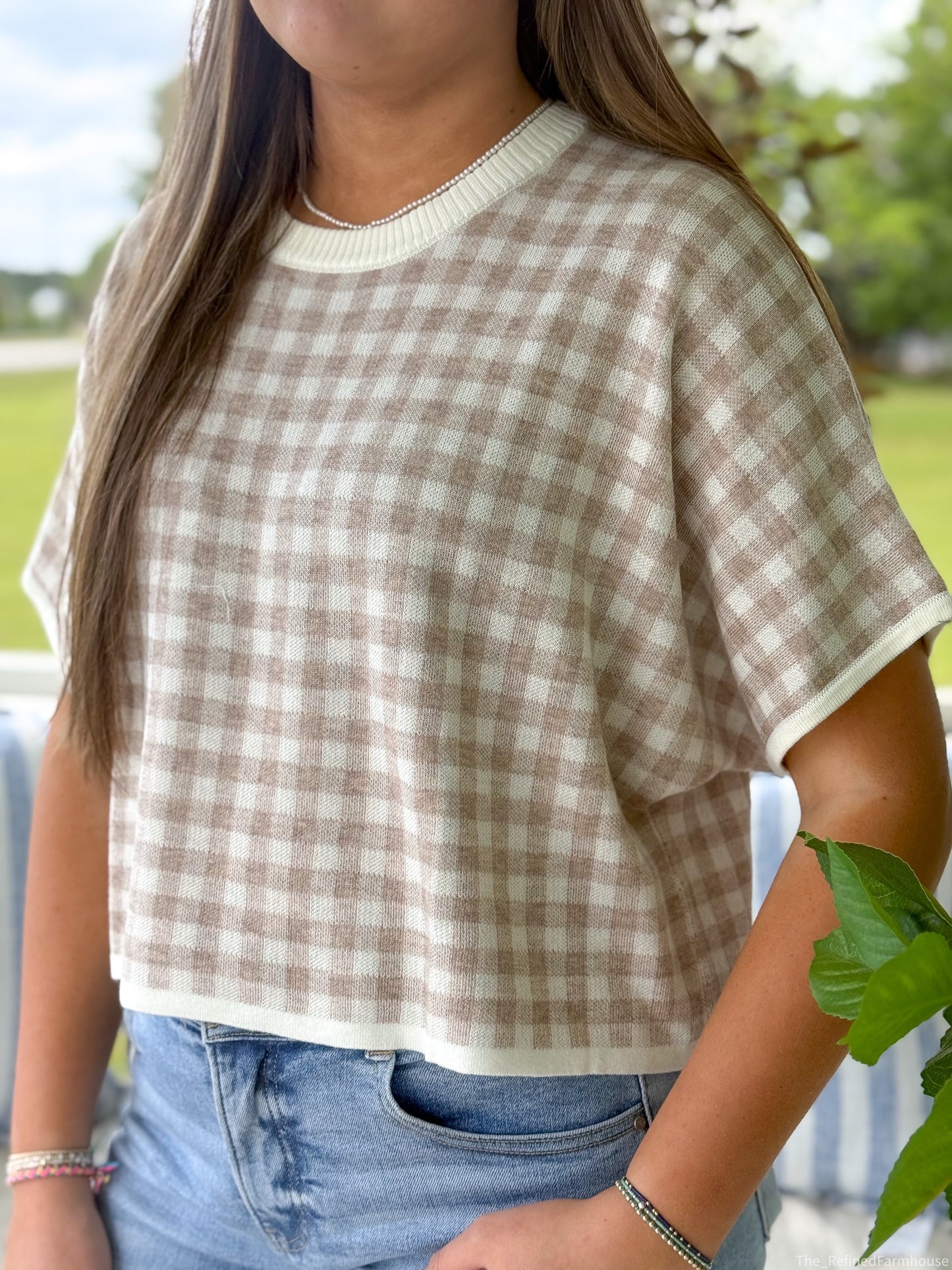 Oatmeal Gingham Knit Top
