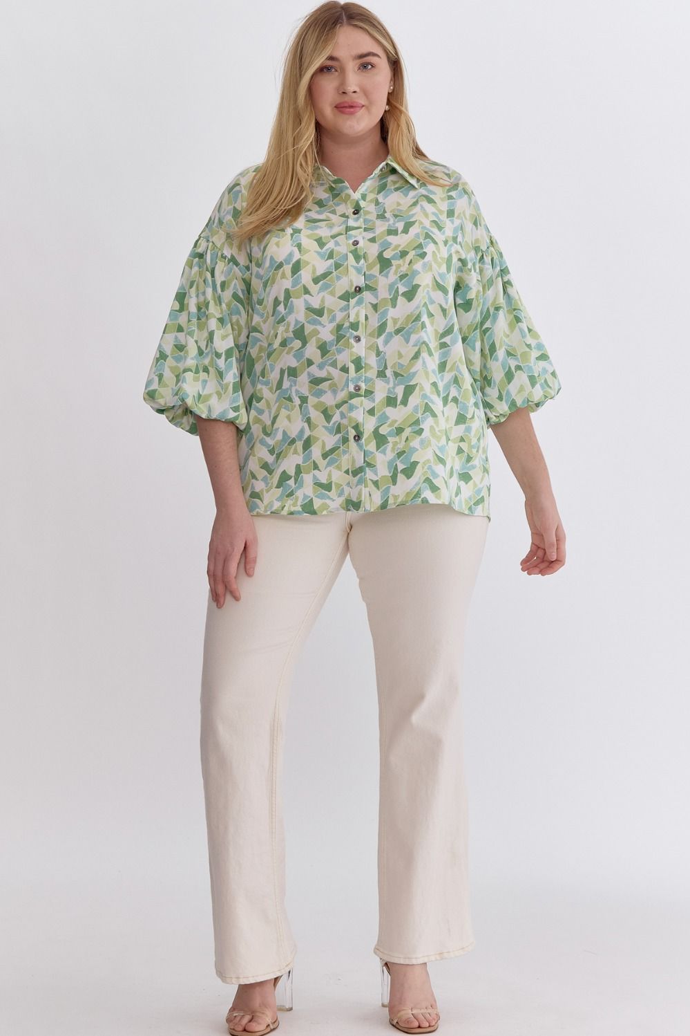 Green Blue and White Geometric Print Blouse-Curvy