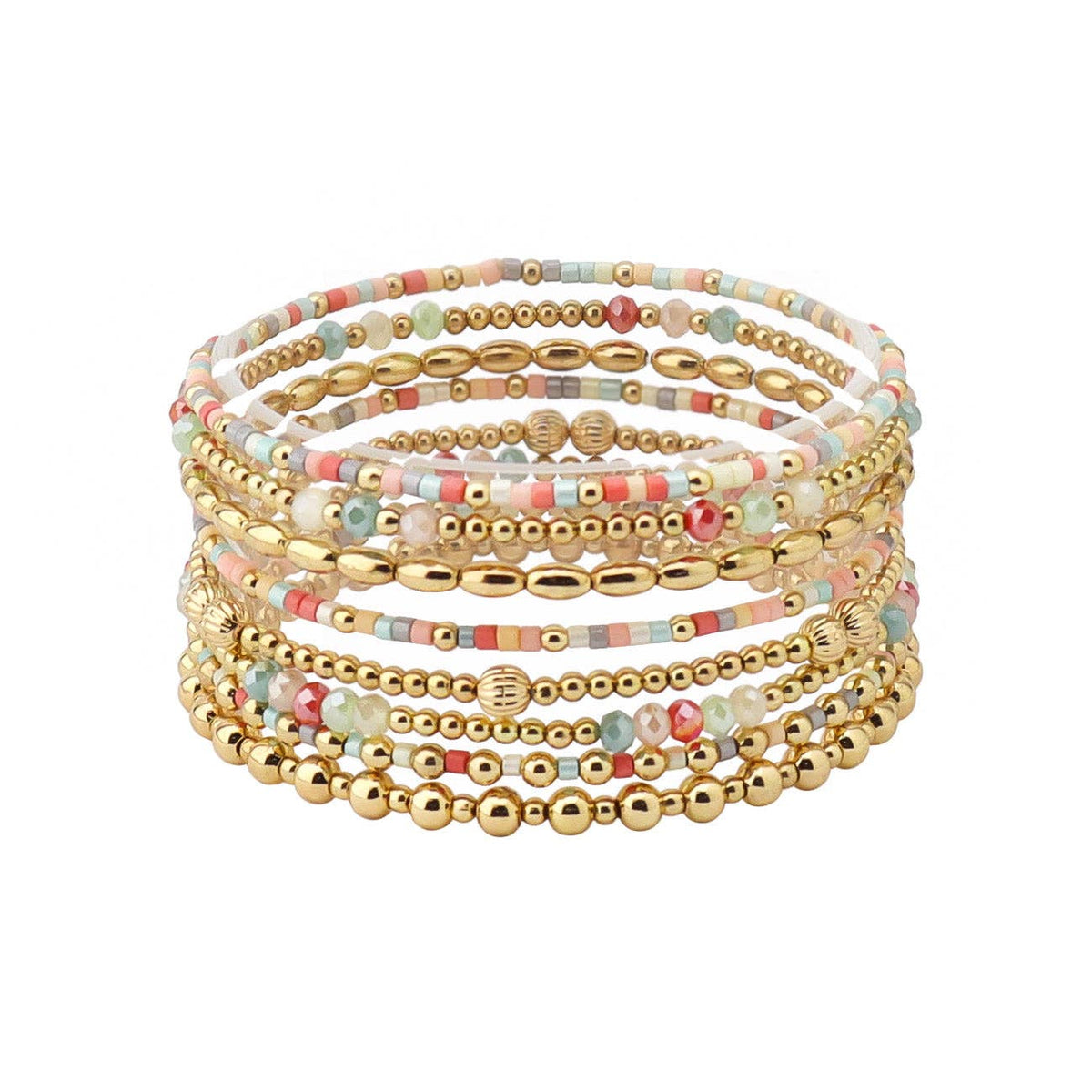 Set of 8 Multi Seed Bead & Crystal and Gold Stretch Bracelet