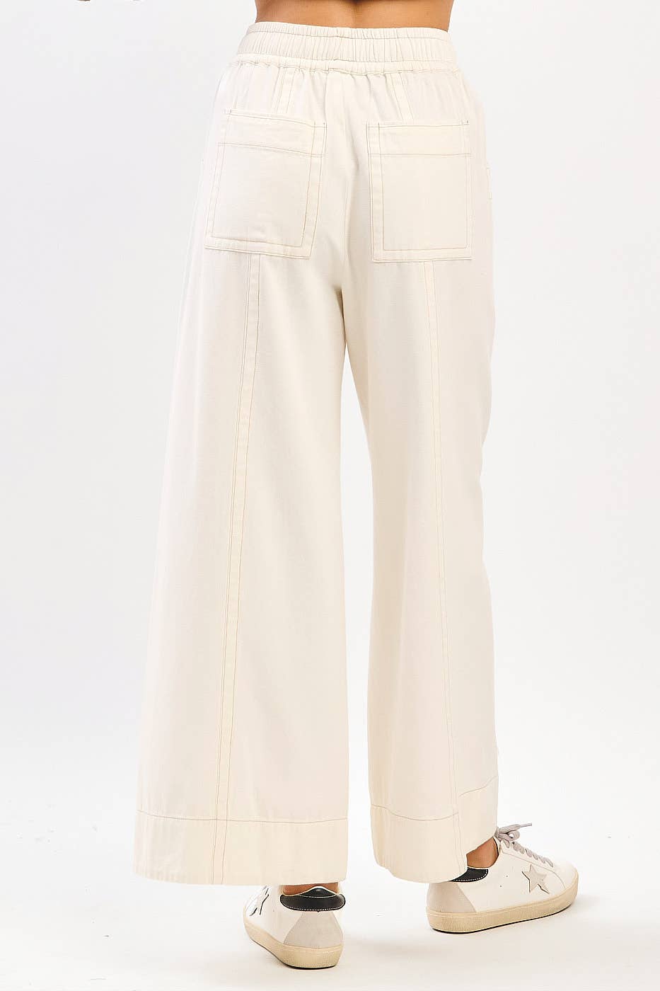 MINERAL WASH WIDE LEG ELASTIC WAIST TWILL PANTS: RED BEAN, S-M-L(2-2-2)