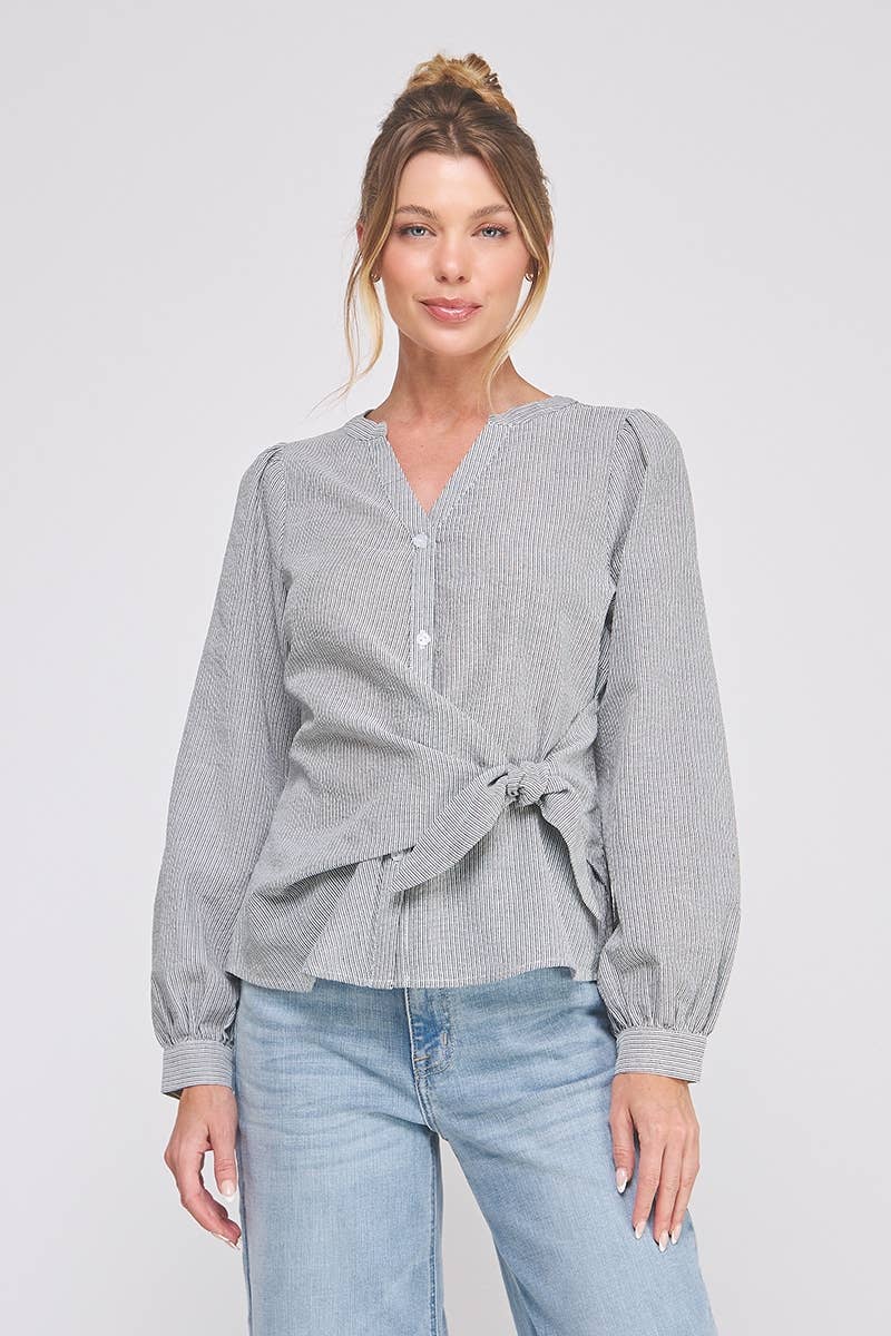 Striped cotton blend side wrap-tie button up blouse: NATURAL WHT, M