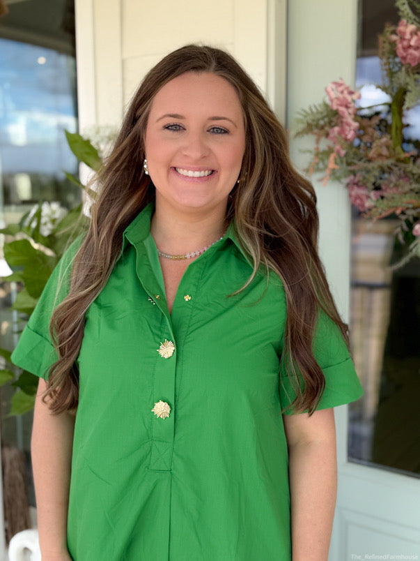 The Hampton Gold Button Dress-Green
