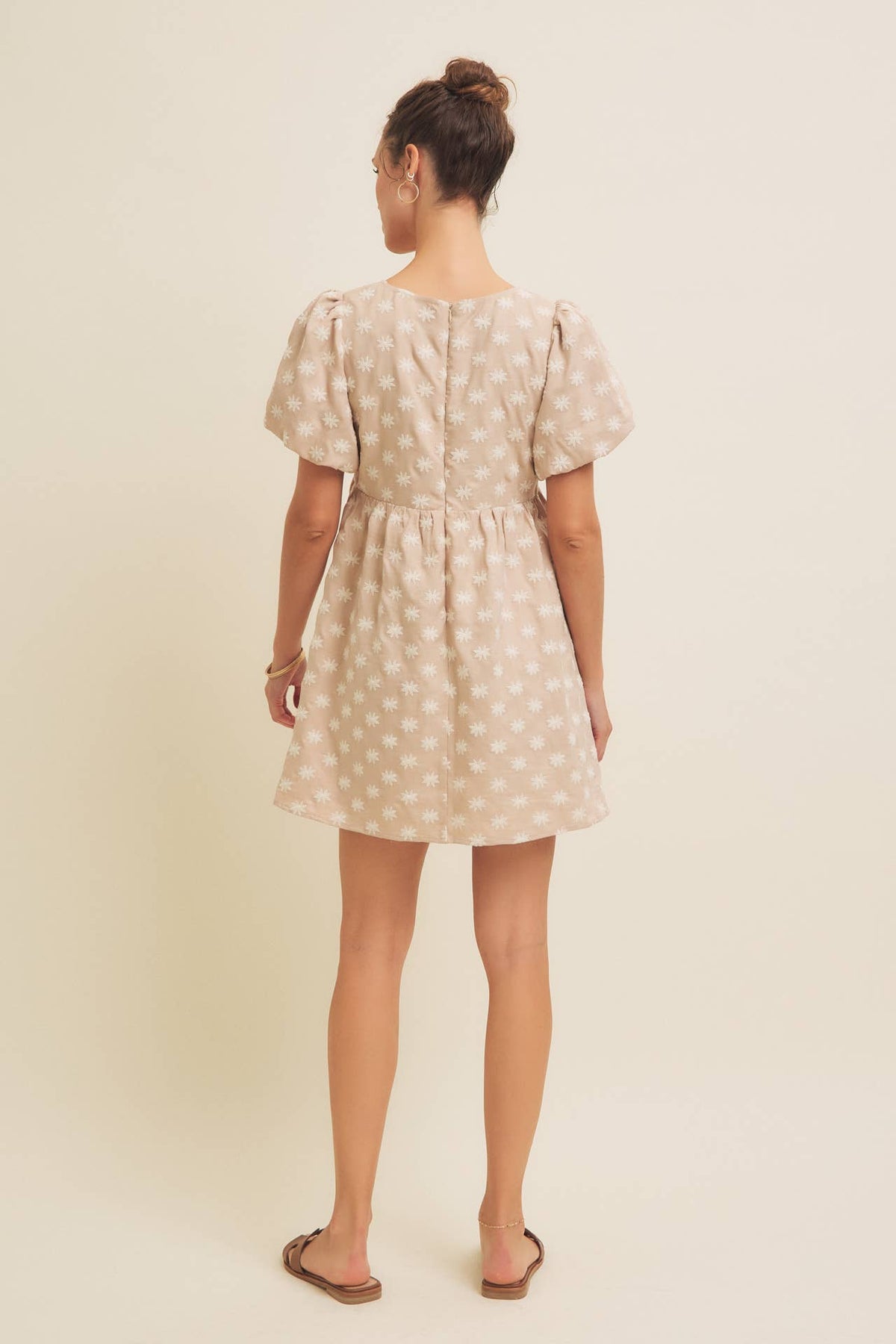 Embroidered Sand Dress with Puff Sleeves