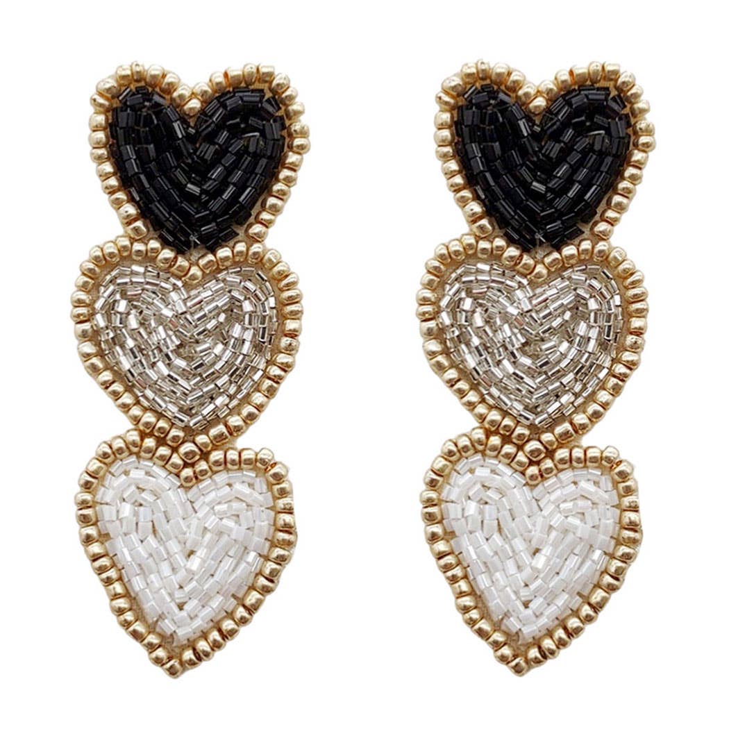 Valentine's Day Beaded Three Heart Post Earrings