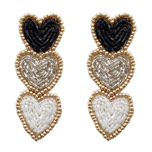 Valentine's Day Beaded Three Heart Post Earrings