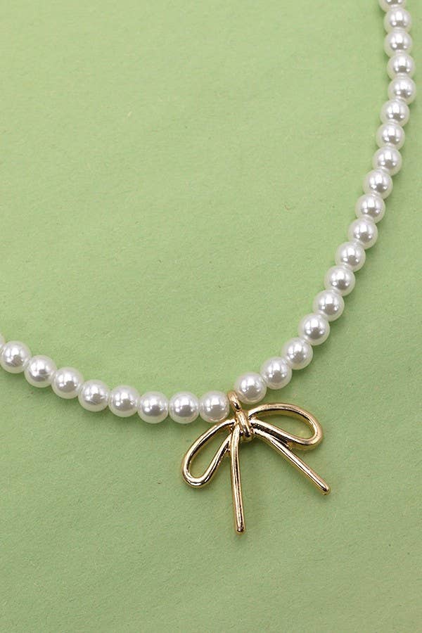 Pearl Chain Bow charm necklace -gold