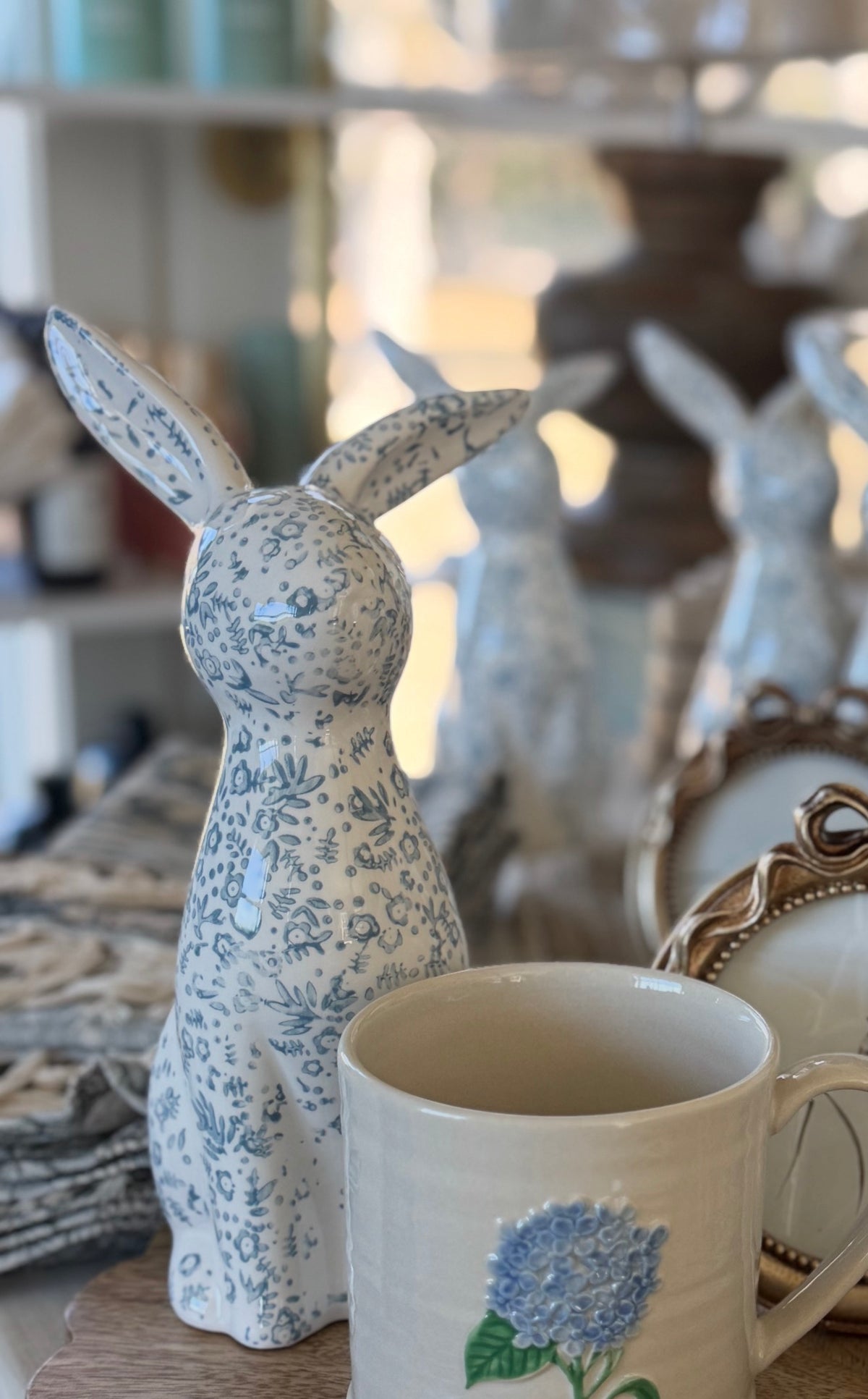 Blue Floral Ceramic Bunny-Large
