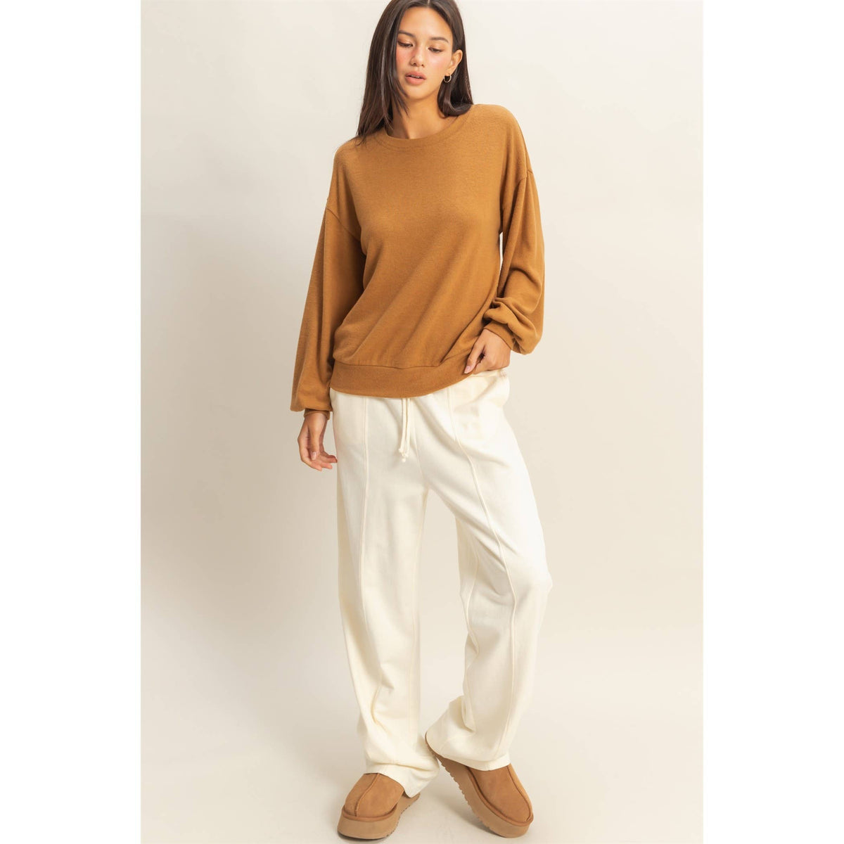 Round Neck Balloon Sleeve Sweatshirt | Pale Brown