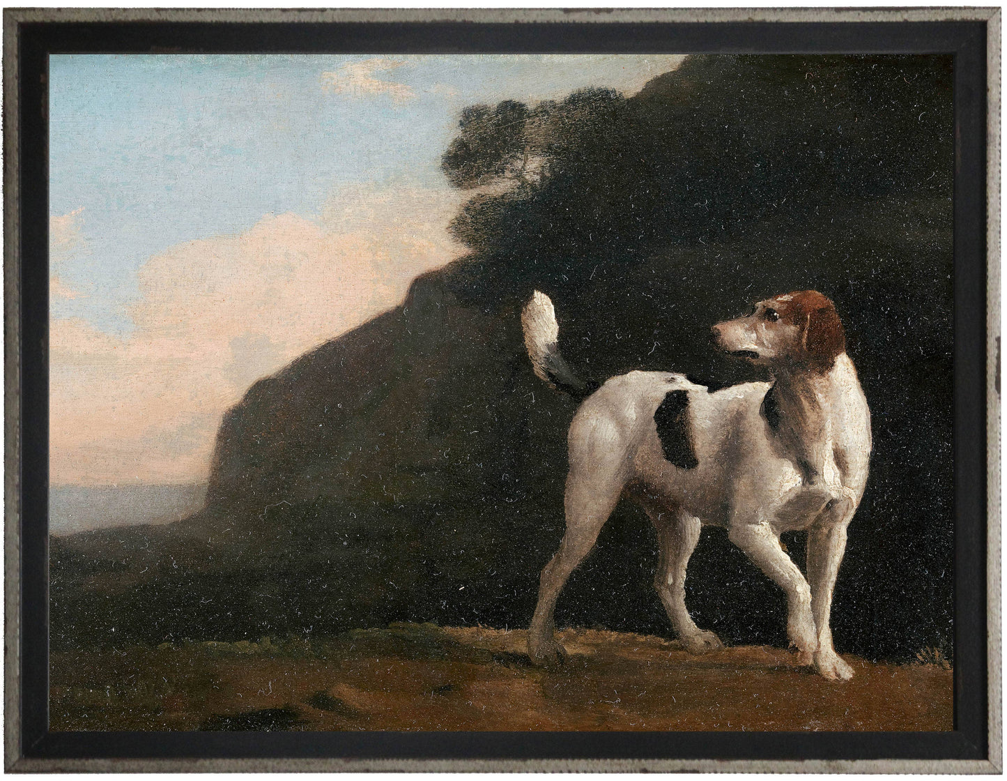 Vintage oil painting reproduction of hunting dogs w/ gold bead frame
