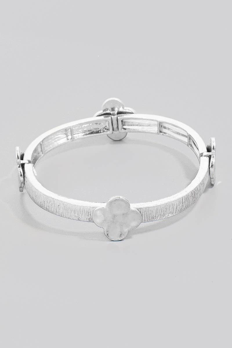 Textured Metallic Clover Charms Elastic Bangle Bracelet: WG