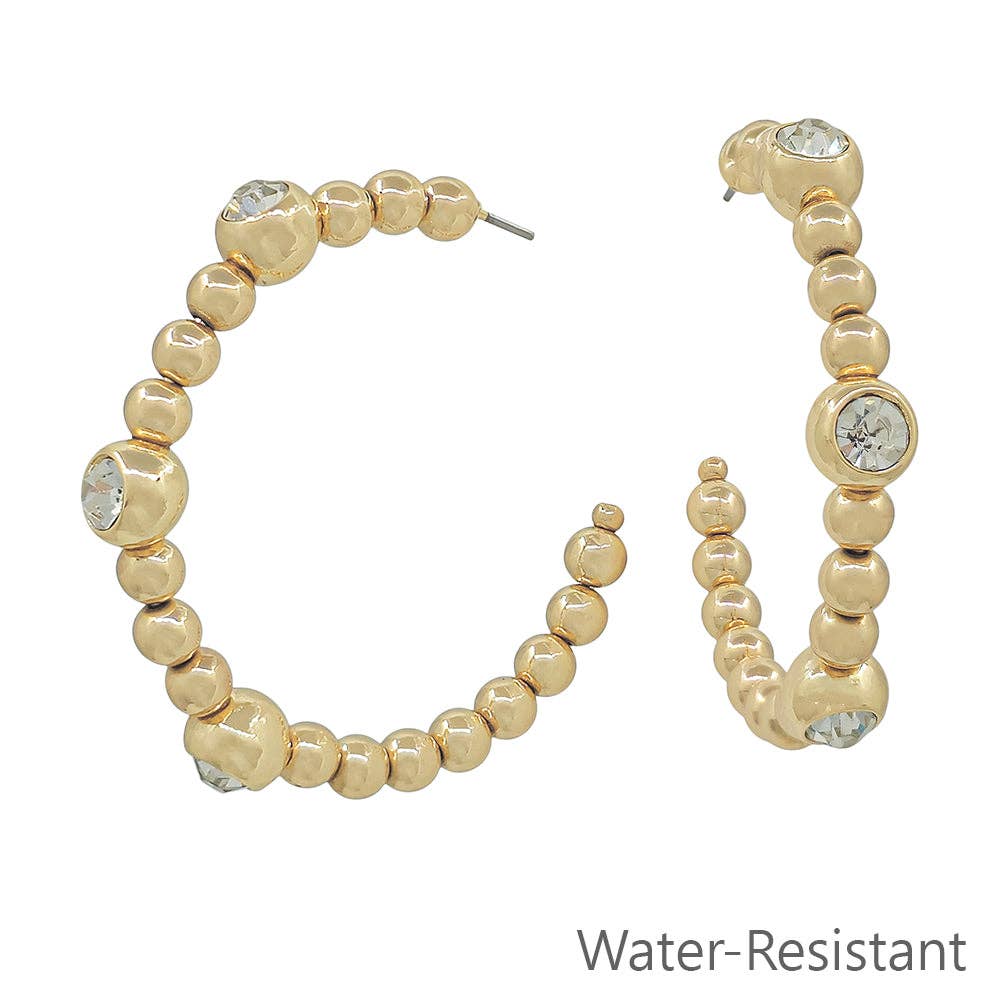 Gold Beaded Hoop with Crystal Accents 2" Earring