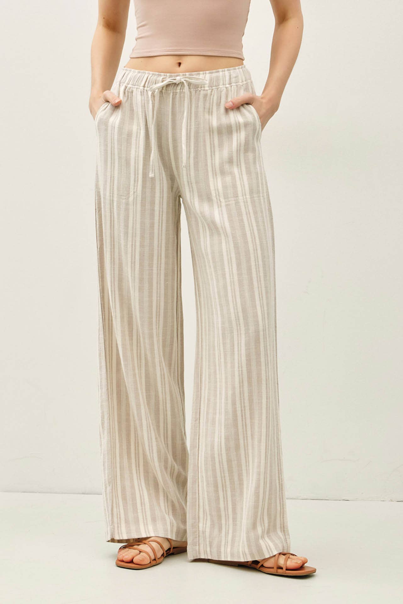OMBRE STRIPED LINEN WIDE LEG PANTS: GREIGE, M