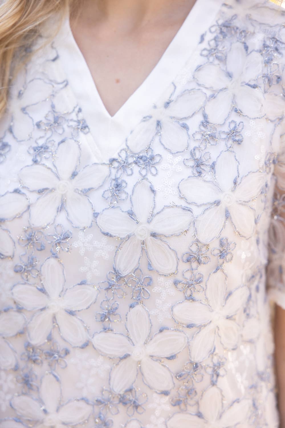 Fringed Floral Textured Mesh Shift Dress: Ivory