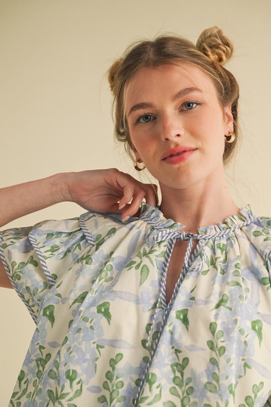 Blue Floral Flutter Sleeve Top